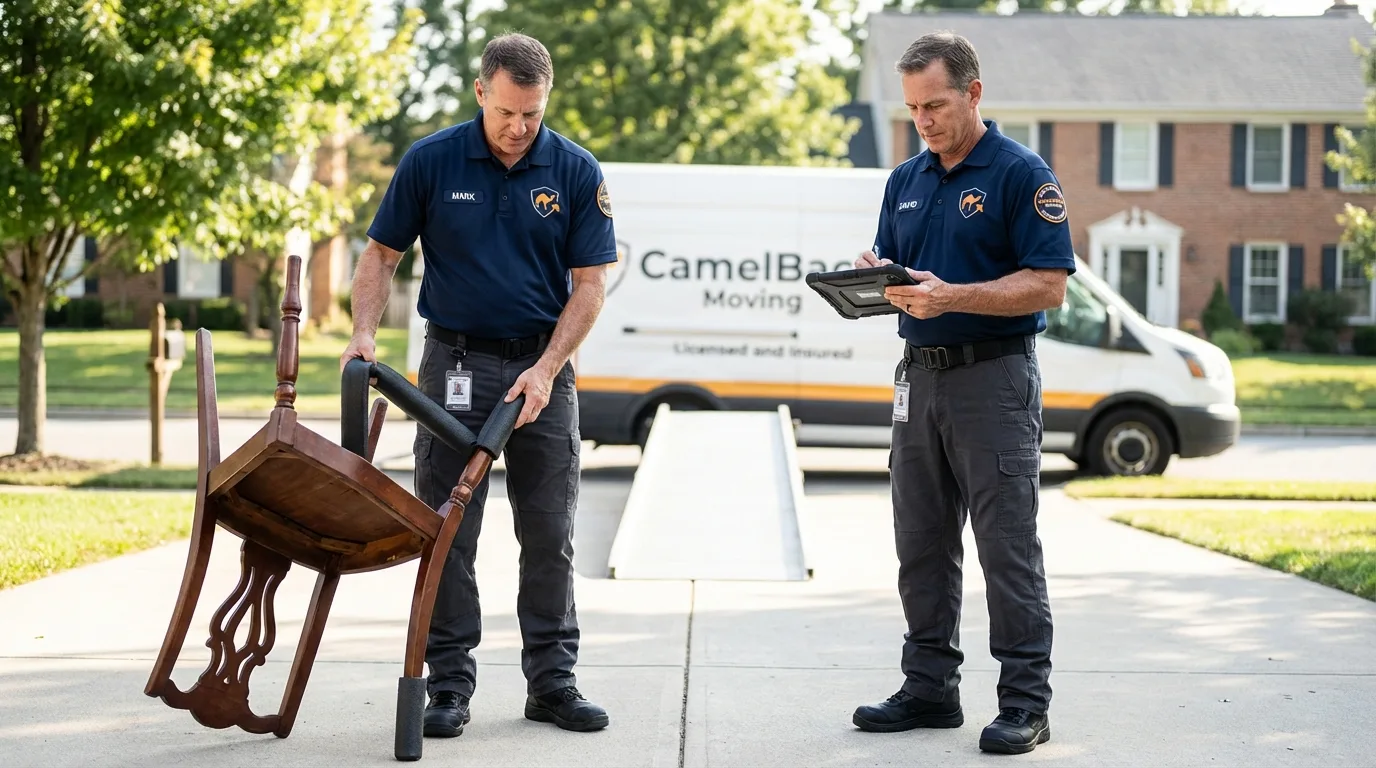 Movers inspecting furniture for damage prevention before loading in Wrightsville, PA