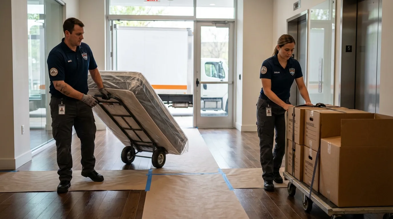 Professional apartment movers loading elevator in Wrightsville, PA